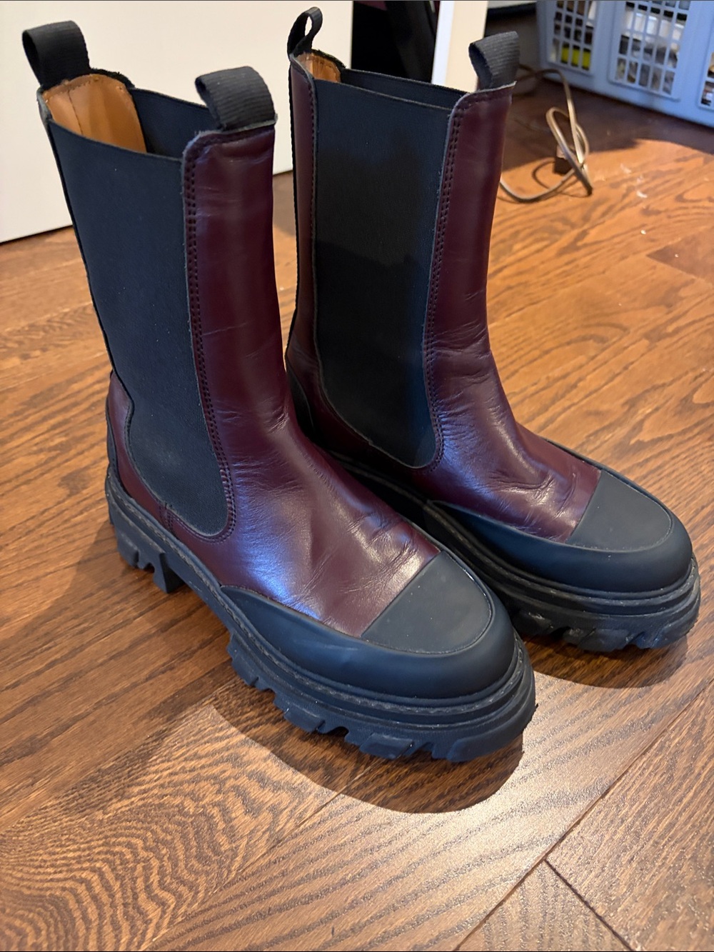 Ganni Burgundy and Black Lug Chelsea Boots